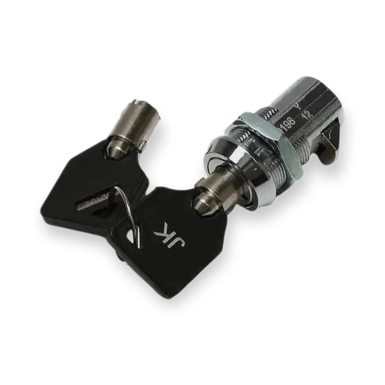 Locking device + Keys 00198 (00198-KIT), top-down view of a chrome key switch with two black keys attached, on white background.