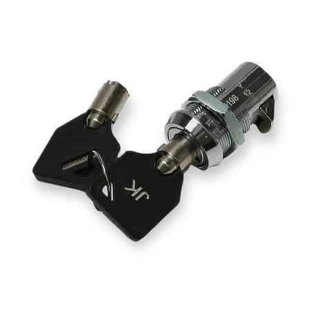 Locking device + Keys 00198 (00198-KIT), top-down view of a chrome key switch with two black keys attached, on white background.
