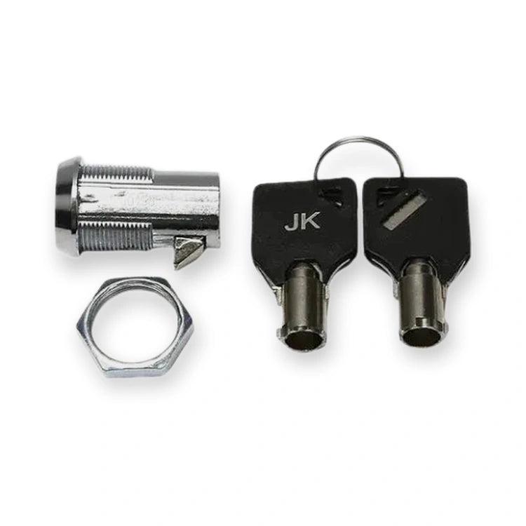 Locking device + Keys 00198 (00198-KIT), chromed lock cylinder with nut and two black keys on a ring, on white background.
