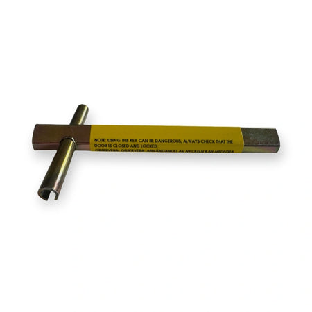 Emergency Elevator Triangle Key (EN81) 100mm, top view of a t-shaped metal key with yellow warning label, on white background.