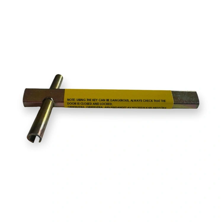 Emergency Elevator Triangle Key (EN81) 100mm, top view of a t-shaped metal key with yellow warning label, on white background.