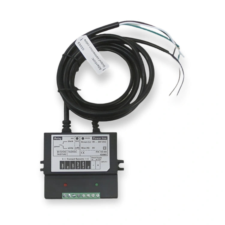 CEDES SPS-2C Light Curtain Power Supply 85-265VAC IMS100 OEM (106-666), front view of black control box with green terminals and coiled cable, on white background.