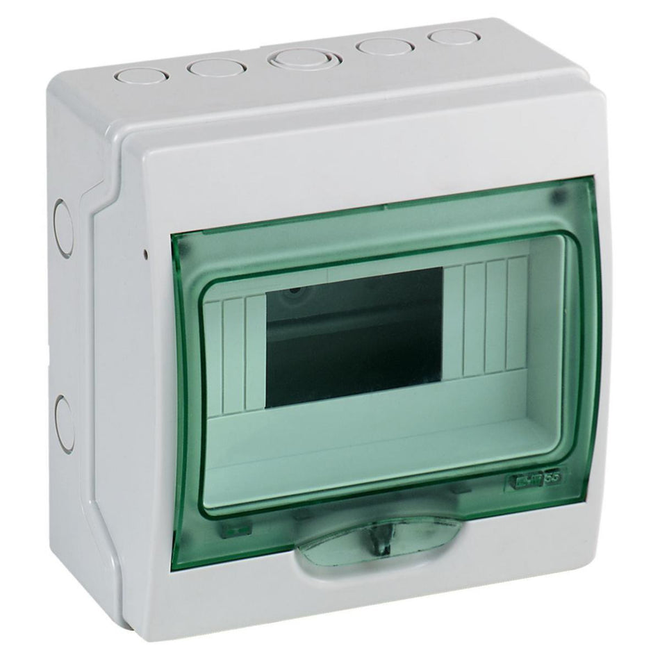Schneider Electric 13443 Mini Kaedra/Mureva Enclosure, 8 Modules, IP65 on white background.