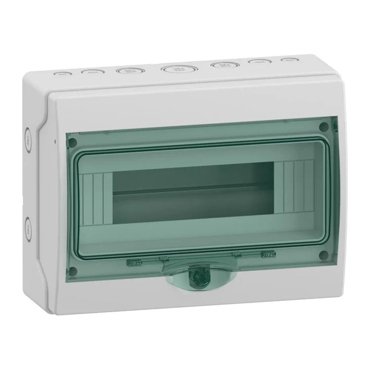 Schneider Electric Kaedra 13444 mini enclosure, 12 modules, IP65, grey with transparent green cover, on white background.