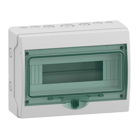 Schneider Electric Kaedra 13444 mini enclosure, 12 modules, IP65, grey with transparent green cover, on white background.
