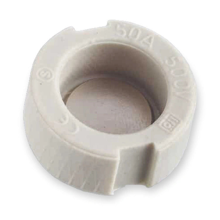 Ifö pass insert DIII 50A 500V, white, for threaded D-fuse base, on white background.