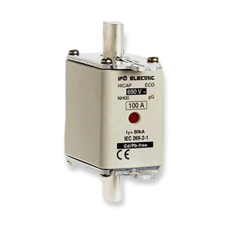 Ifö Electric Hicap Eco gG 000 100A 690V Knife Fuse - 201100, label side with red indicator, metal terminals, and printed specifications, on white background.