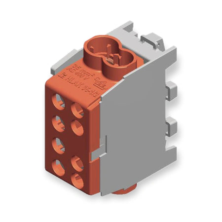 Pollmann HLAK 35-1/2 M2 Brown Main-Line Branch Terminal Block (2080144), orange connector with circular openings and gray mounting bracket, angled view, on white background.