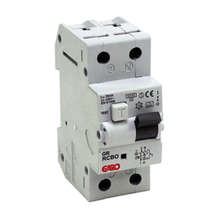 GARO GR RCBO C16A 1+N 30 mA residual current breaker with overcurrent protection, on white background.