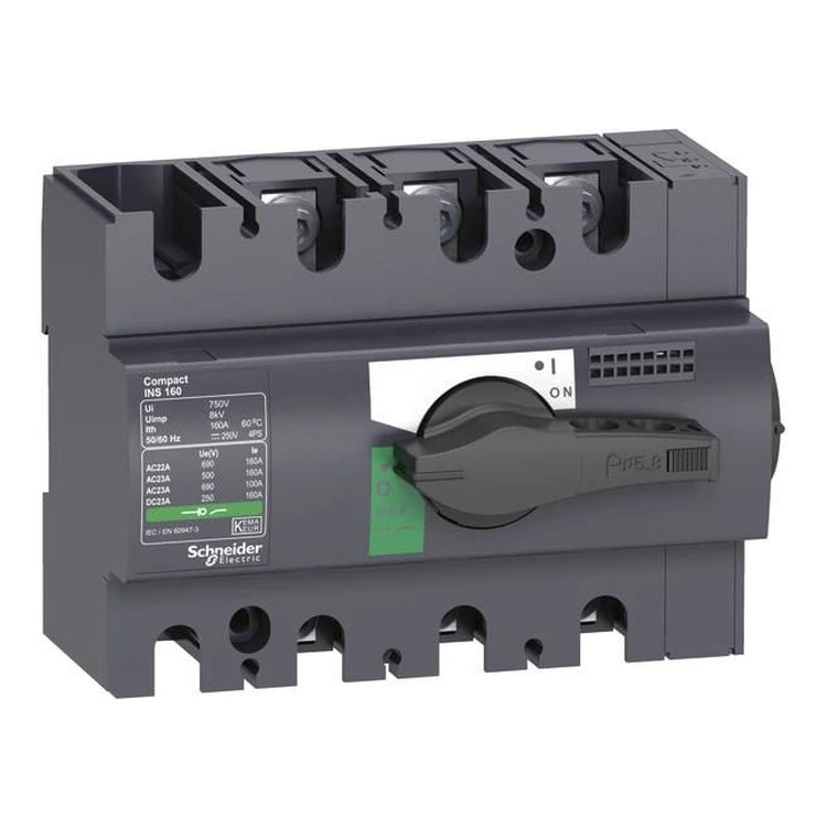Schneider Electric Interpact INS 3-pole switch-disconnector with rotary handle, representative image for INS125 (28910), on white background.