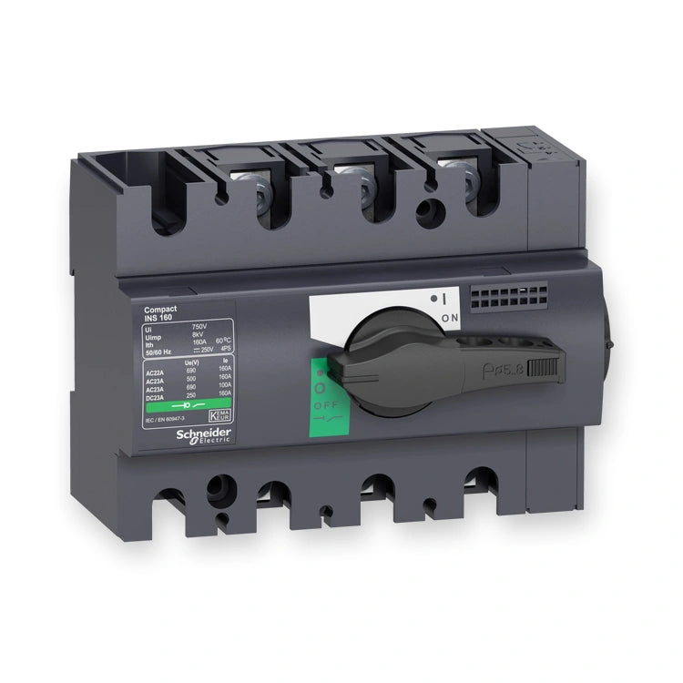 Schneider Electric Compact INTERPACT INS160, 3-Pole Switch 160A (28912), front view showing a rotary switch, specification label, and terminal slots, on white background.