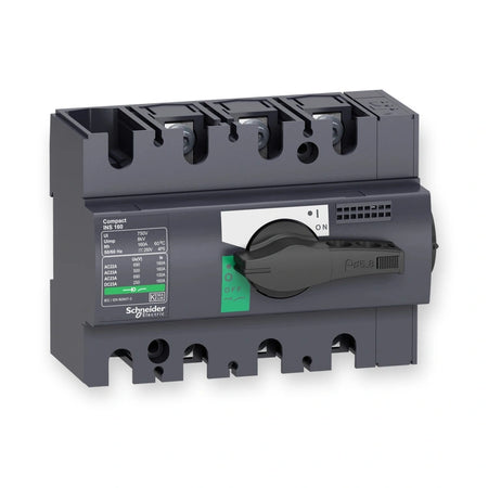 Schneider Electric Compact INTERPACT INS160, 3-Pole Switch 160A (28912), front view showing a rotary switch, specification label, and terminal slots, on white background.