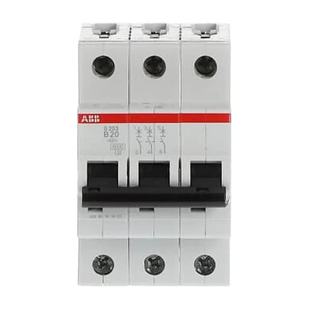 ABB S203-B20 miniature circuit breaker, 3-pole 20 A B-characteristic, on white background.