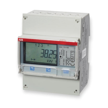 ABB B24 113-100 Energy Meter, 3-Phase CT 5A, M-Bus, MID, 2CMA100179R1000, on white background.