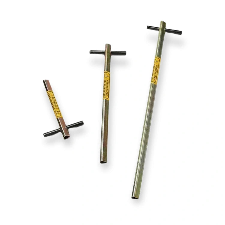 Emergency Elevator Triangle Key (EN81) 300mm, top-down view of t-shaped metal rods with yellow warning labels, on white background.