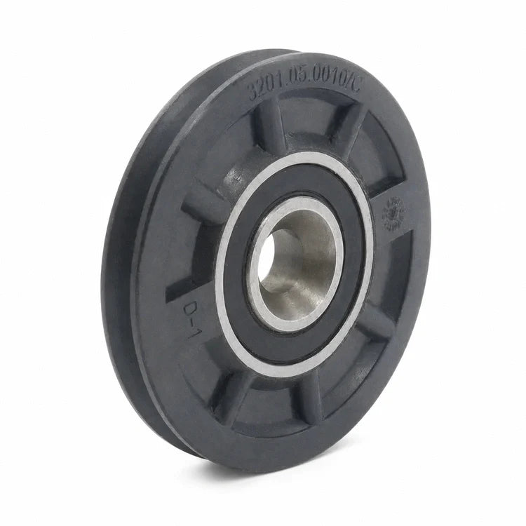 Wittur/Selcom 3201.05.0010/C door synchronization pulley for Hydra/Augusta Evo systems, catalogued as 64/58 × 10 mm, with a dark grey U-groove wheel and smooth metal bearing bore, SKU 3201.05.0010, shown in a front three-quarter studio view.