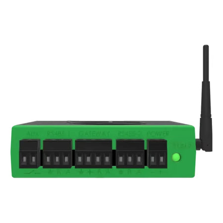 Tigo Cloud Connect Advanced (CCA) 336-20000-00 data logger with AUX, RS485, gateway and power terminals and antenna, front view on white background.
