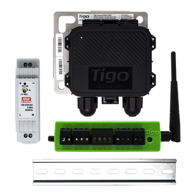 Tigo CCA kit illustration: Cloud Connect Advanced, TAP access point, Mean Well DIN rail power supply and DIN rail, on white background.