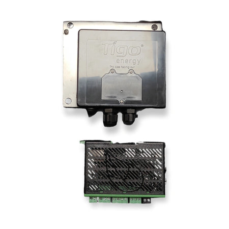 Tigo TAP wireless gateway 150-00000-50 and Cloud Connect Advanced 336-20000-00 from the CCA kit, on white background.