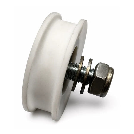 Schindler-compatible Varidor 10/QKS11 hanger roller with axle, 54/48 × 17 mm, SKU 374533-kit, shown assembled in a front three-quarter studio view.