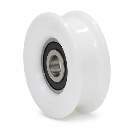 White Schindler-compatible QKS11/Varidor 10 hanger roller with flat groove, sealed 6200-2RS bearing and 10 mm bore, 54/48 × 17 mm, SKU 374533, shown in a front three-quarter studio view.