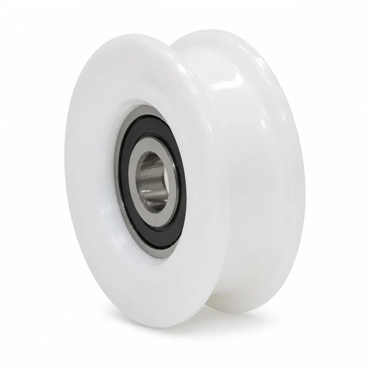 White Schindler-compatible QKS11/Varidor 10 hanger roller with flat groove, sealed 6200-2RS bearing and 10 mm bore, 54/48 × 17 mm, SKU 374533, shown in a front three-quarter studio view.