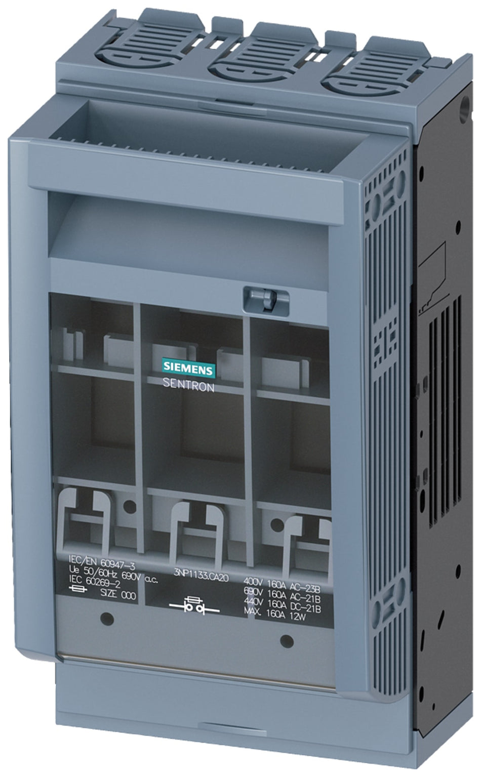 Siemens 3NP1133-1CA20 SENTRON Fuse Switch Disconnector NH00 160A on white background.