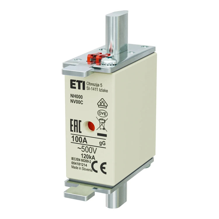ETI NH000 gG 100A 500V knife-blade fuse link 004181214, on white background.