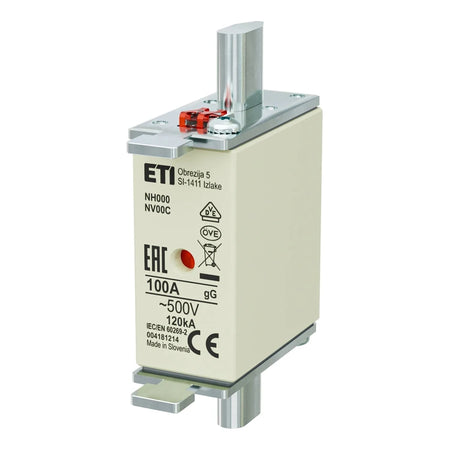 ETI NH000 gG 100A 500V knife-blade fuse link 004181214, on white background.