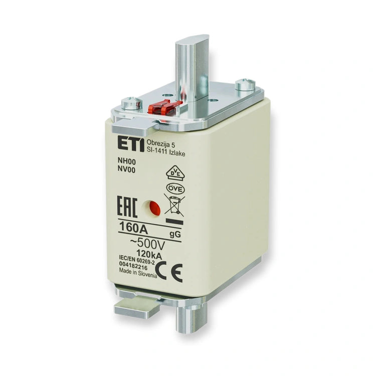 ETI Fuse Link NH00 gG 160A/500V, art. 004182216, label side with red indicator, metal terminals, and mounting studs, on white background.