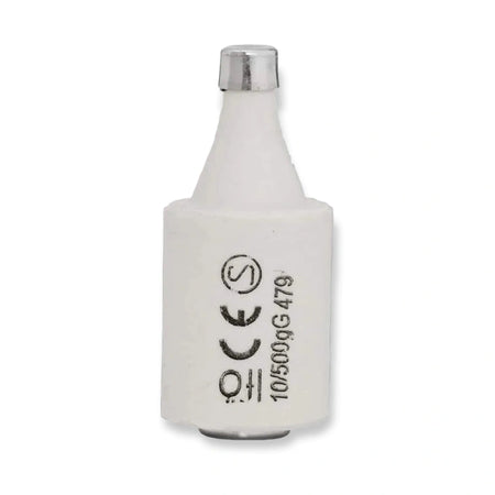 Ifö Eco gG DII D-fuse 479210, 10A 500V porcelain fuse link, side view on white background.