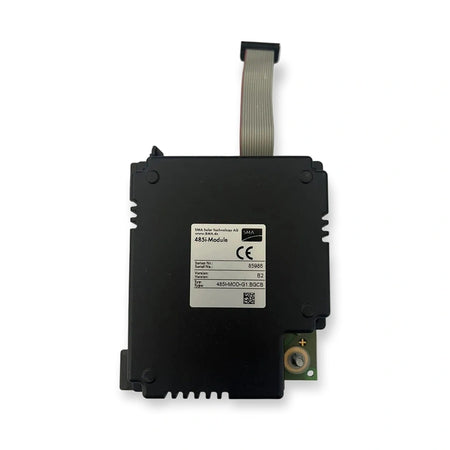 SMA 485 Data Module 485I-MOD-G1.BGCB, RS-485 Inverter Interface (485I-MOD-G1-BGCB-B6), black module with white label, ribbon cable, and coaxial connector, on white background.