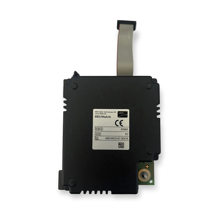 SMA 485 Data Module 485I-MOD-G1.BGCB, RS-485 Inverter Interface (485I-MOD-G1-BGCB-B6), black module with white label, ribbon cable, and coaxial connector, on white background.