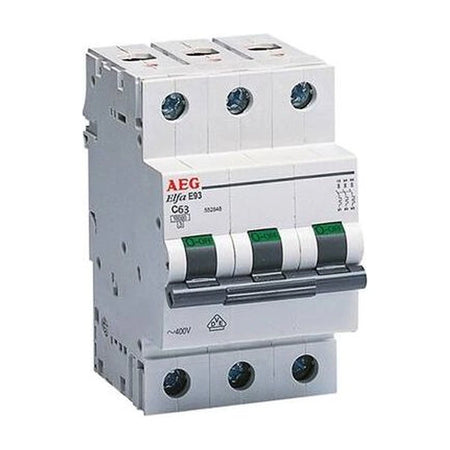 AEG Elfa E93 C63 3-pole miniature circuit breaker, C-curve 63 A, on white background.
