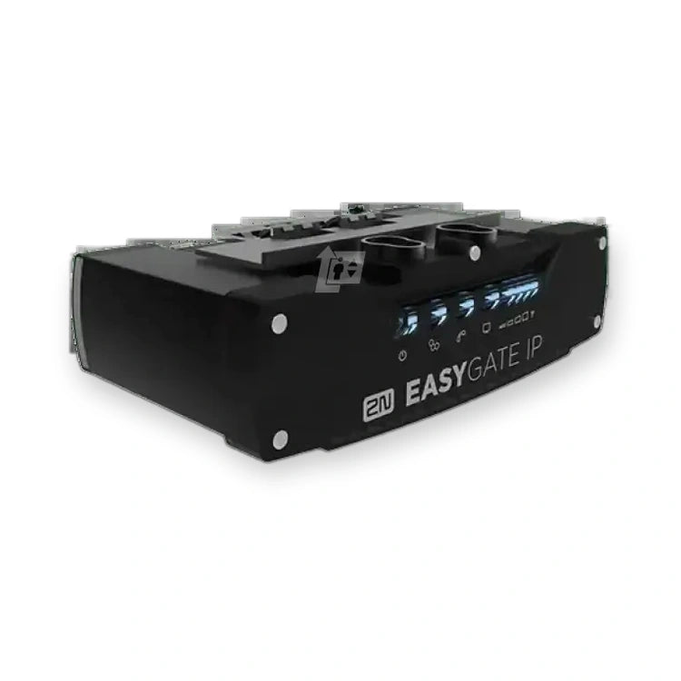 2N EasyGate IP 4G VoLTE/VOIP (EU/UK) 5023001E, angled view of black housing with top connectors and front indicator lights, on white background.