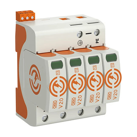 OBO V20-C 3+NPE-280 type 2 surge protection set (used), on white background.