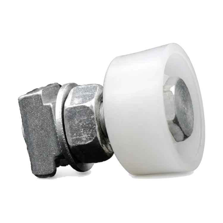 Schindler-compatible 547572 guide roller for 3300, V30 and QKS9 systems, 31 × 15 mm with M10 hardware, shown from the roller side in a three-quarter studio view.