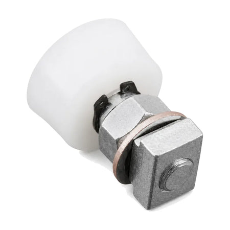 Schindler-compatible 547572 guide roller for 3300, V30 and QKS9 systems, 31 × 15 mm with M10 hardware, shown from the square-head side in a rear three-quarter studio view.