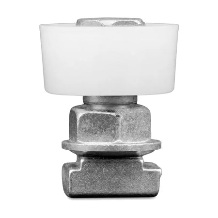 Schindler-compatible 547572 guide roller for 3300, V30 and QKS9 systems, 31 × 15 mm with M10 hardware, shown upright in side profile.