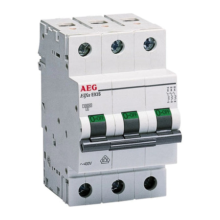 AEG Elfa E93S 3-pole miniature circuit breaker, representative image, on white background.