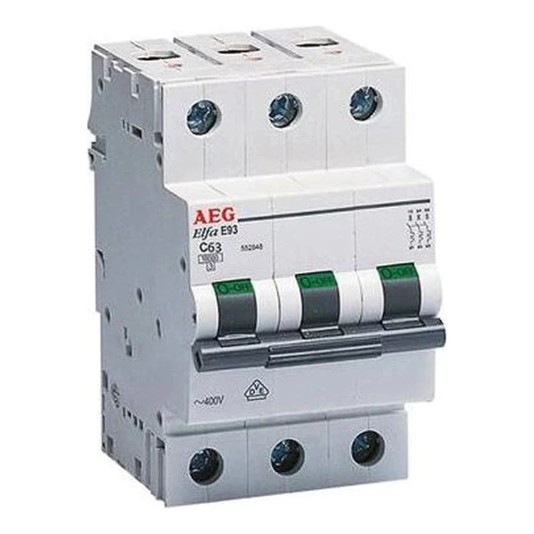 AEG Elfa E93S C63 3-pole miniature circuit breaker (553097), front view on white background.