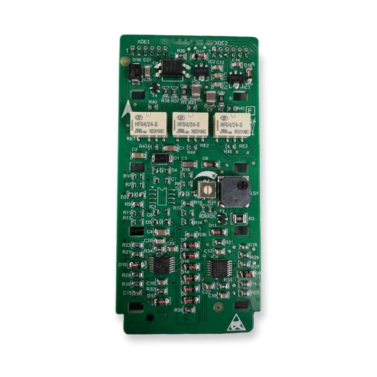 FIGS100PG LOPCCTA 2.Q 2 button LOP PCB 57618260/59324342, top-down view of green circuit board with white relays and black chips, on white background.