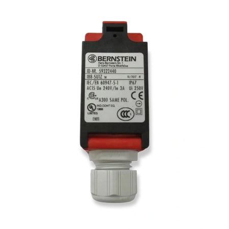 Bernstein I88-SU1Z w Limit switch 59322440 OEM, front view of black housing with white label and gray cable gland, on white background.