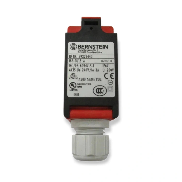 Bernstein I88-SU1Z w Limit switch 59322440 OEM, front view of black housing with white label and gray cable gland, on white background.