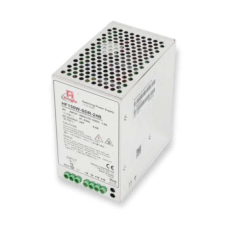 HF150W SDR-24B Power Supply 59323472, label side with green screw terminals and perforated top surface, on white background.