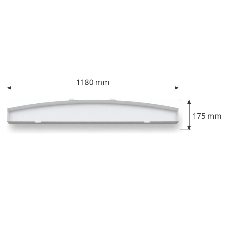 White Schindler car light diffuser / lamp cover with corner profiles, medium size for BK 1200 car, 1180 × 175 mm, part 59343573, top view showing the mounting clips, on white background with dimensions.