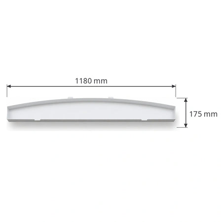 White Schindler car light diffuser / lamp cover with corner profiles, medium size for BK 1200 car, 1180 × 175 mm, part 59343573, top view showing the mounting clips, on white background with dimensions.