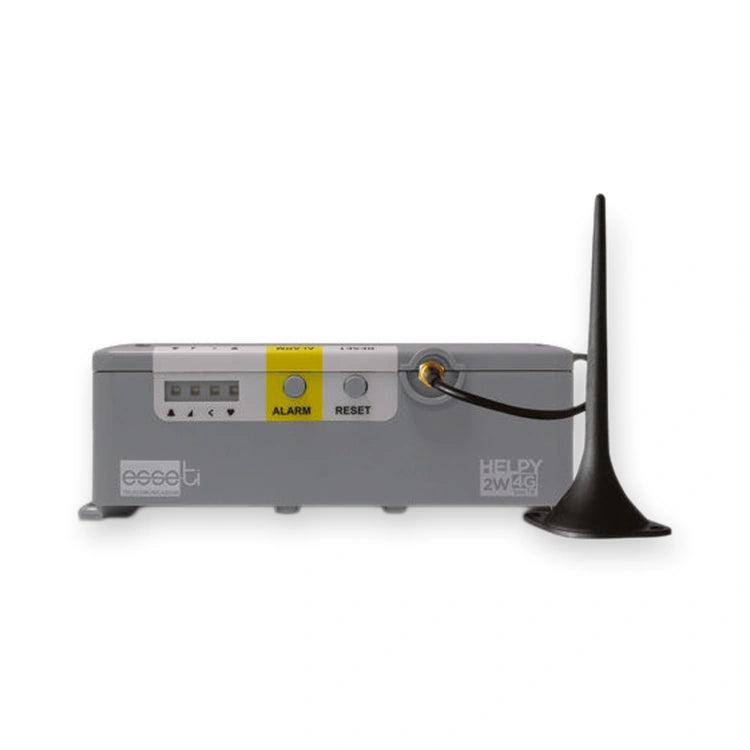 Esse-ti Intercom 4G LTE Autodialer with Backup Battery and Multi-Input/Relay 5HL-520, front view of grey box with buttons, indicator lights, and black antenna, on white background.