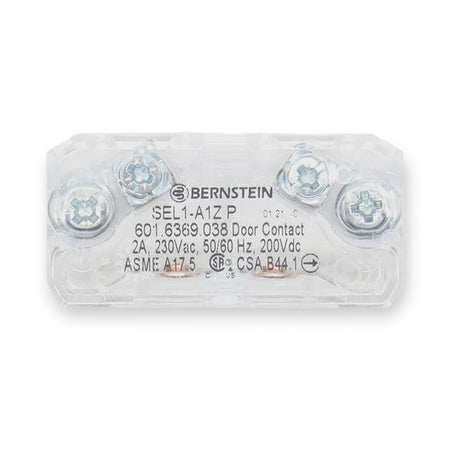 BERNSTEIN SEL1-A1Z P Lock contact 601.6369.038, transparent housing with printed label and four screw terminals, on white background.