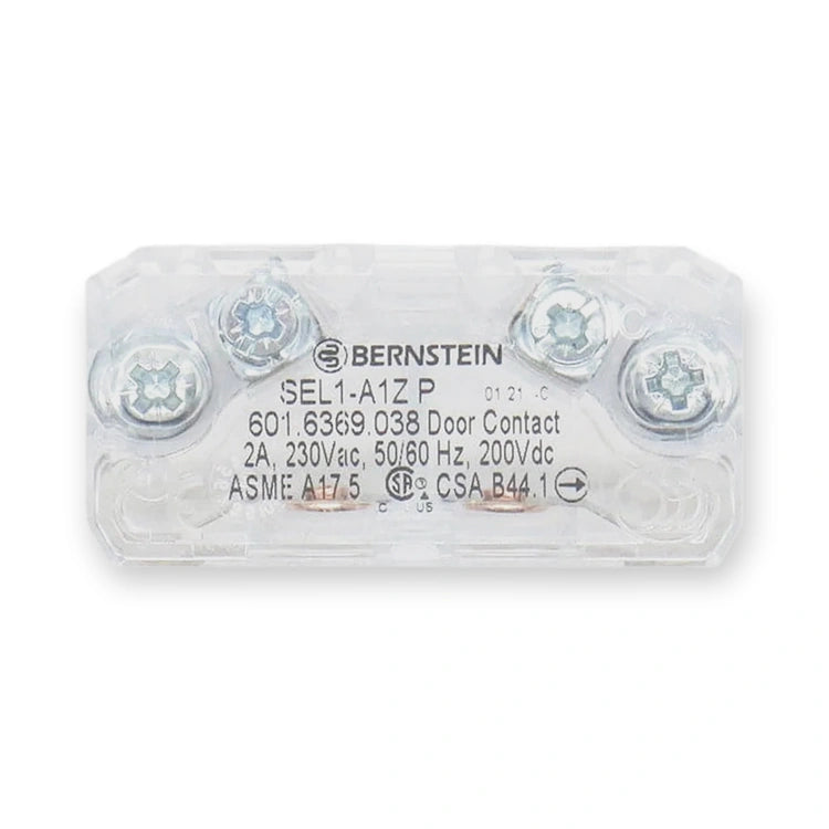 BERNSTEIN SEL1-A1Z P Lock contact 601.6369.038, transparent housing with printed label and four screw terminals, on white background.